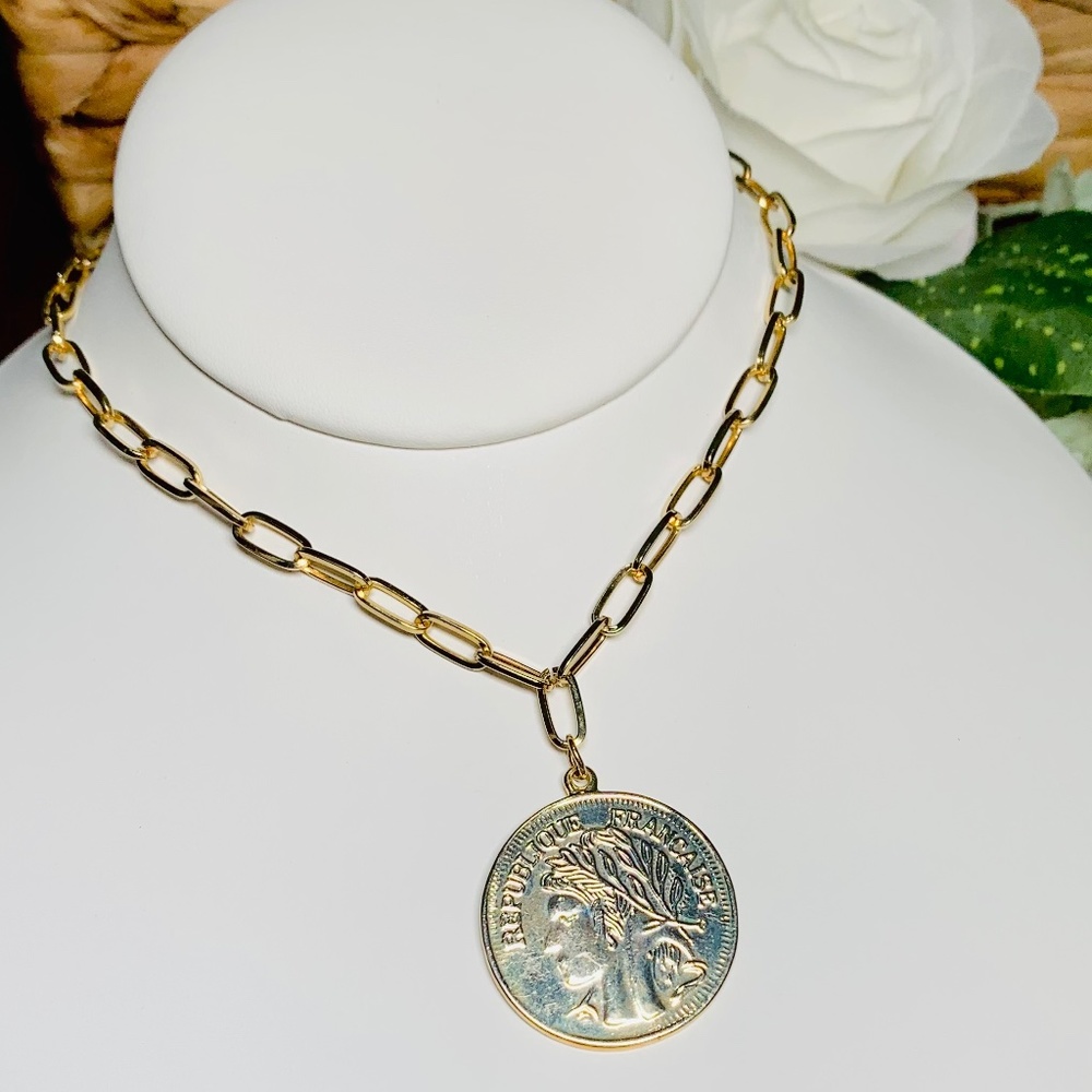 Republique Francaise, Vintage Coin Inspired Medallion, 20”-22” Paperclip chain